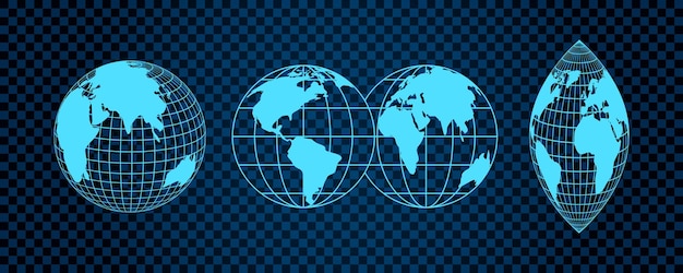 Abstract globe grid set 3d mesh with earth latitude and longitude lines creating geometric shapes