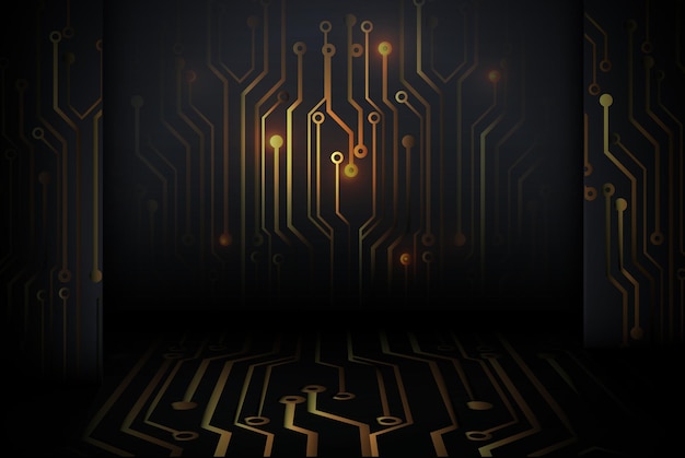 Abstract gold Circuit board technology digital hi tech on black wall background. 