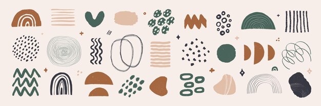 Abstract graphic art set modern organic shapes and elements in vintage style with grunge texture