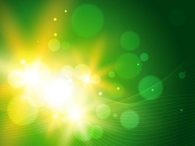 Abstract green and yellow light burst with bokeh and flowing lines