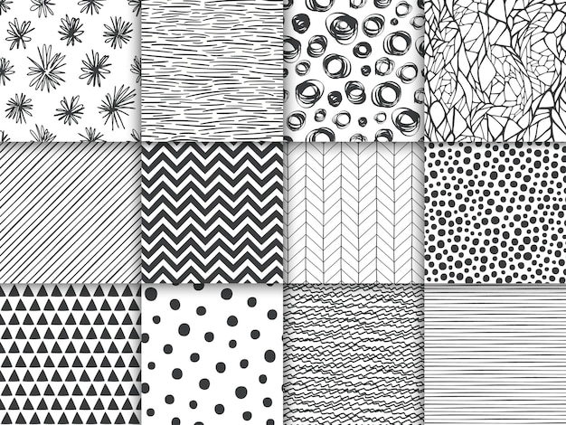 Abstract hand drawn geometric simple minimalistic seamless patterns set