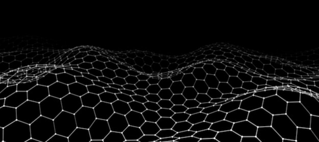 Abstract hexagon wave with moving dots Flow of particles Cyber technology illustration Vector illustration