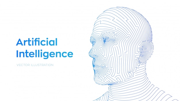 Abstract human male face. Human head in robot digital computer interpretation. AI. Artificial intelligence concept.