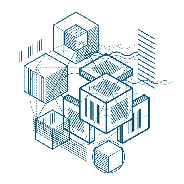 Abstract isometrics background, 3d vector layout. Composition of cubes, hexagons, squares, rectangles and different abstract elements.