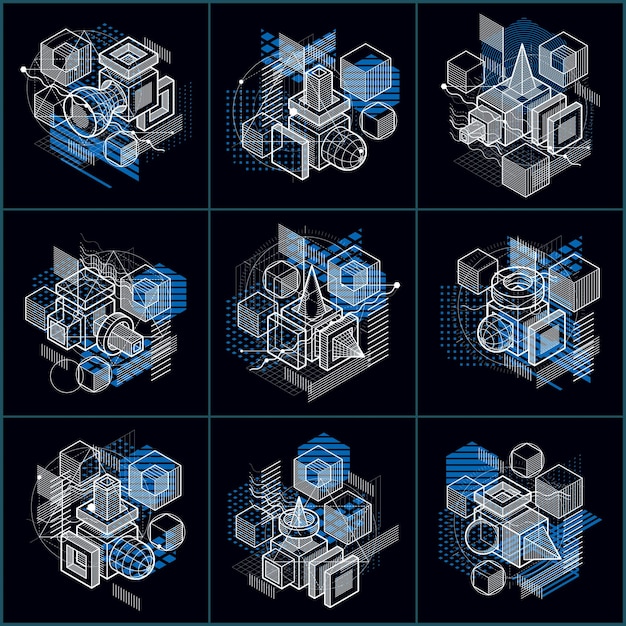 Abstract isometrics backgrounds, 3d vector layout. Compositions of cubes, hexagons, squares, rectangles and different abstract elements. Vector collection.