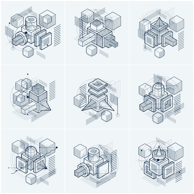 Abstract isometrics backgrounds, 3d vector layout. Compositions of cubes, hexagons, squares, rectangles and different abstract elements. Vector collection.