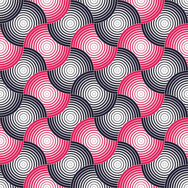 Abstract lines geometric seamless pattern, vector repeat endless fabric background. Overlapping circles funky theme. Usable for fabric, wallpaper, wrapping, web and print. Red and black