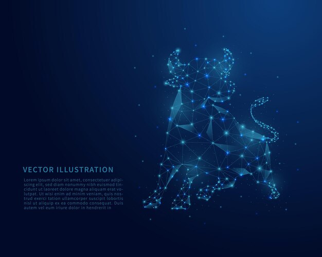 Abstract low poly bull. Polygonal wireframe mesh on blue background.