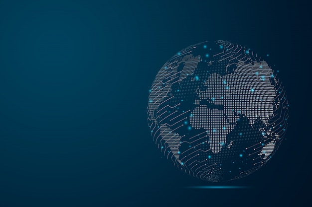Abstract mash line and point scales on dark background with Map World representing the global . Wire frame 3D mesh polygonal network line, design sphere, dot and structure.