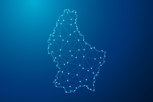 Abstract mash line and point with map of Luxembourg polygonal network line vector.