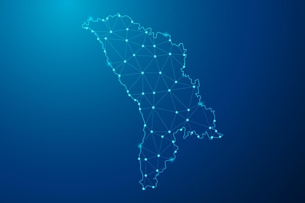 abstract mash line and point with map of moldova polygonal network line vector.