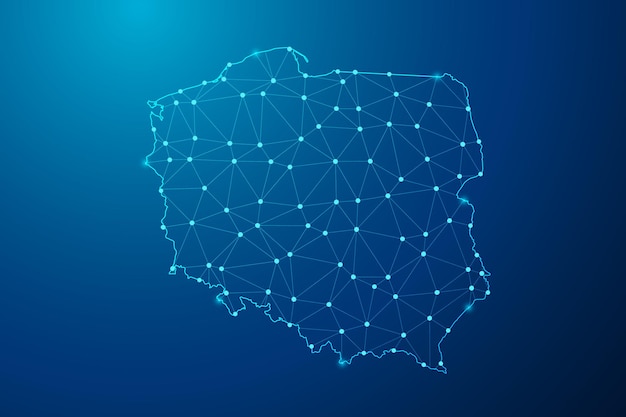 abstract mash line and point with map of poland polygonal network line vector.