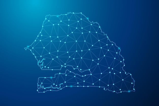 Abstract mash line and point with map of Senegal polygonal network line vector.