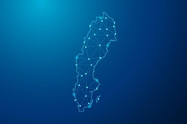 abstract mash line and point with map of sweden polygonal network line vector.