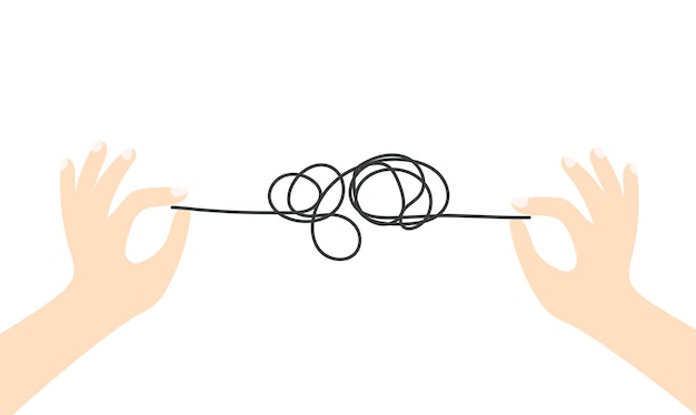 abstract metaphor of solving difficult situation hands untangling tangled thoughts chaos or mess