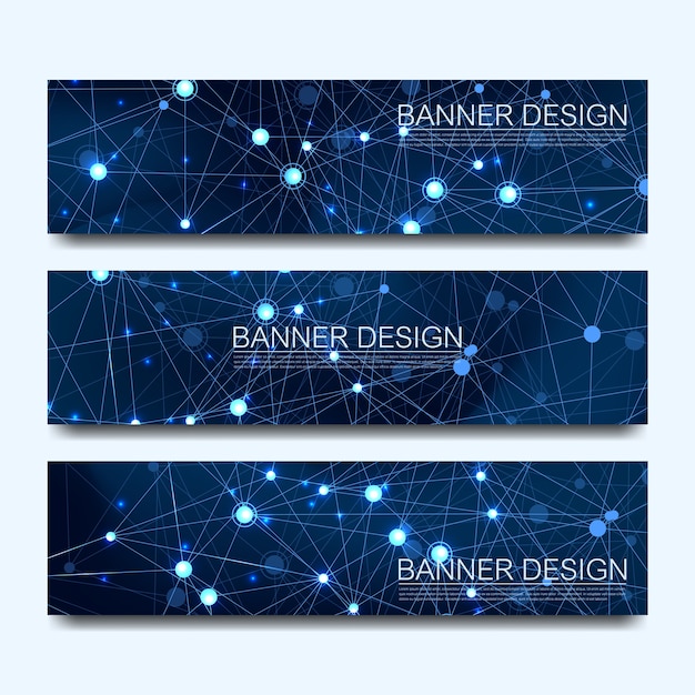 Abstract molecules banners set with lines, dots, circles, polygons, design network communication banner. Futuristic digital science technology concept for web banner