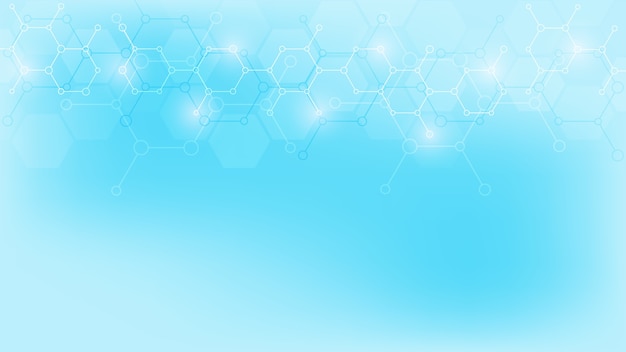 Abstract molecules on soft blue background. Molecular structures or chemical engineering, genetic research, technological innovation. Scientific, technical or medical concept.