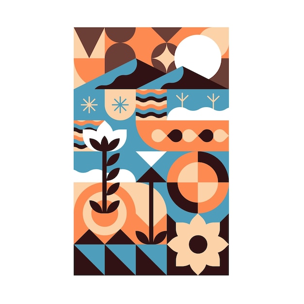 Abstract nature poster Cubist landscape background Geometric shapes forms figure flower symbols Contemporary wall art Stylized vertical interior decor Modern artwork Flat vector illustration