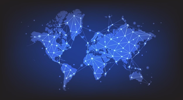 abstract of world map network global social network glowing lines symbols of the internet radio television mobile and satellite communications