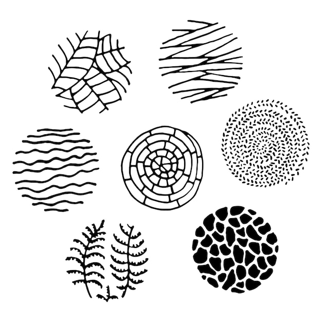 Abstract plants botanical and animals textures. Hand-drawn texture in a circle. Vector