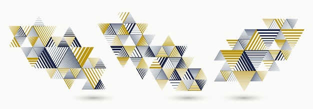 Abstract polygonal backgrounds with stripy triangles and 3D cubes vector designs set. Templates for different advertising or covers or banners. Retro style graphic elements.