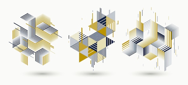 Abstract polygonal backgrounds with stripy triangles and 3D cubes vector designs set. Templates for different advertising or covers or banners. Retro style graphic elements.