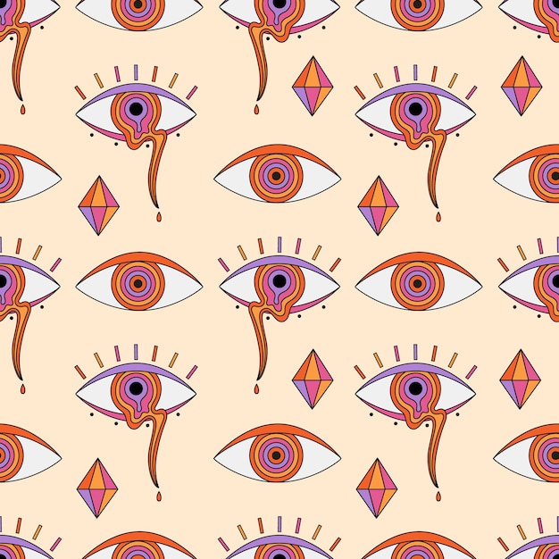 abstract psychedelic seamless pattern with eye illustrations in 70s and 80s style