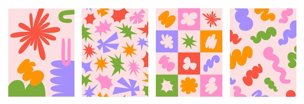 abstract retro set colorful backgrounds with naive playful shapes on a beige background