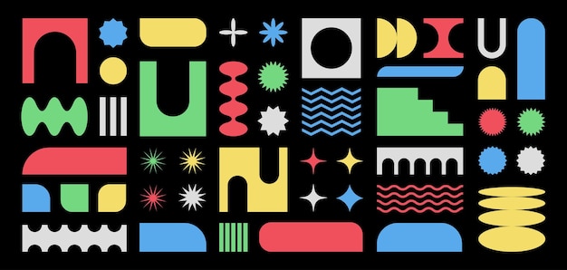 Abstract retro shapes basic brutal forms and figures in Y2K aesthetics vintage stickers logos