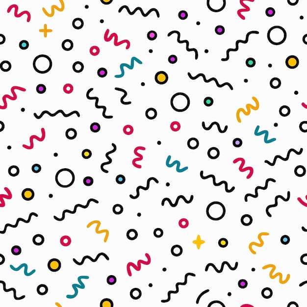 abstract seamless pattern with colorful circles waves and plus sign on white background