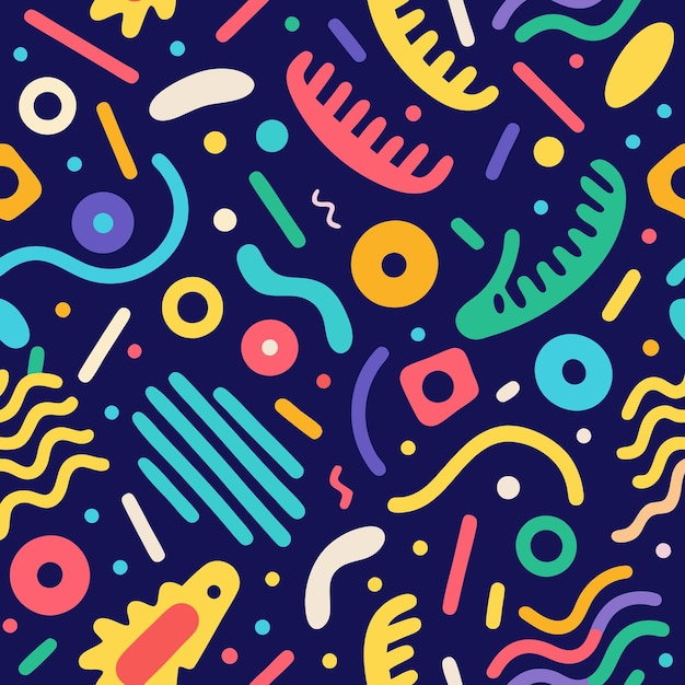 Abstract seamless pattern with colorful geometric shapes and lines on a blue background