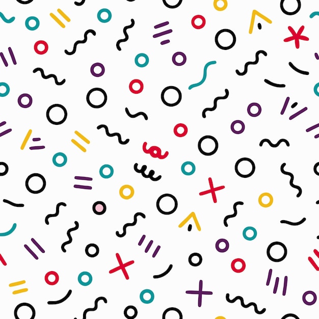 abstract seamless pattern with colorful geometric shapes and lines on white background