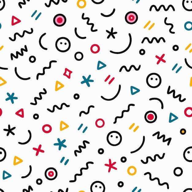 Abstract seamless pattern with colorful geometric shapes lines and doodle elements on white background