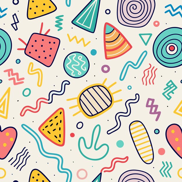 Abstract seamless pattern with colorful geometric shapes lines and dots on beige background