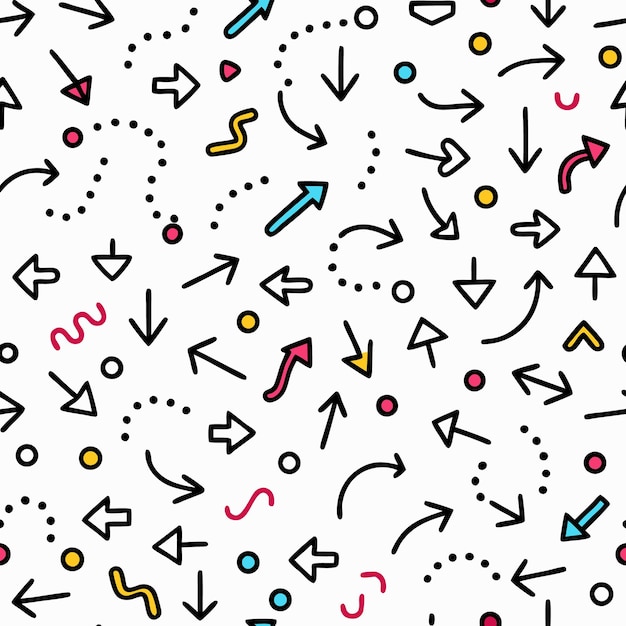abstract seamless pattern with colorful hand drawn arrows and circles on white background