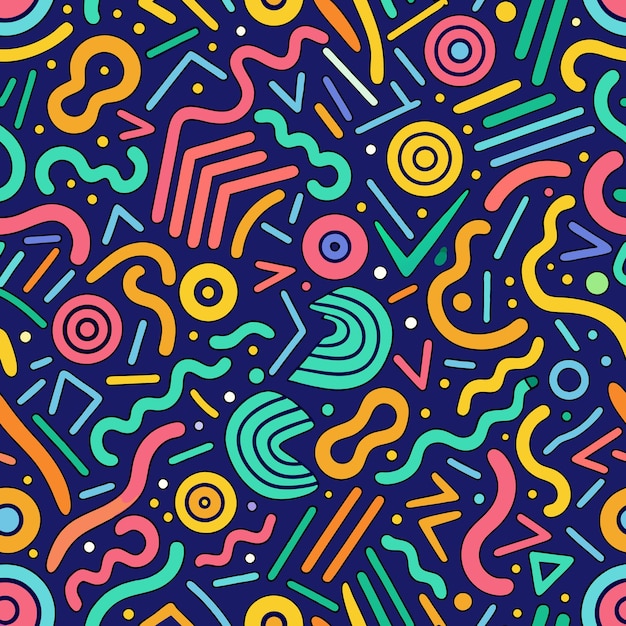 Abstract seamless pattern with colorful lines circles and shapes on a navy blue background
