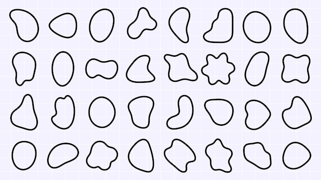 Abstract shapes in black outline on a grid background Various abstract forms repeat creating a pattern of abstract shapes Simple black abstract shapes Black shape vector set