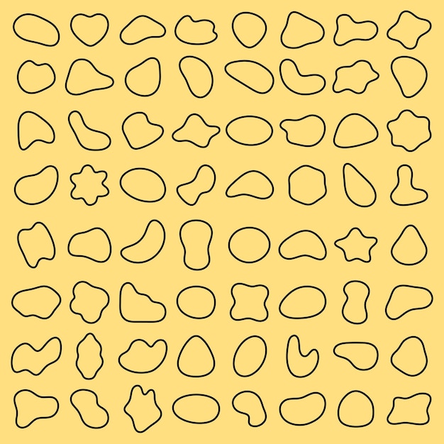 Abstract shapes pattern on yellow background Random shapes create a playful design Shapes vary in size and form adding dynamic visual interest Black shape vector set