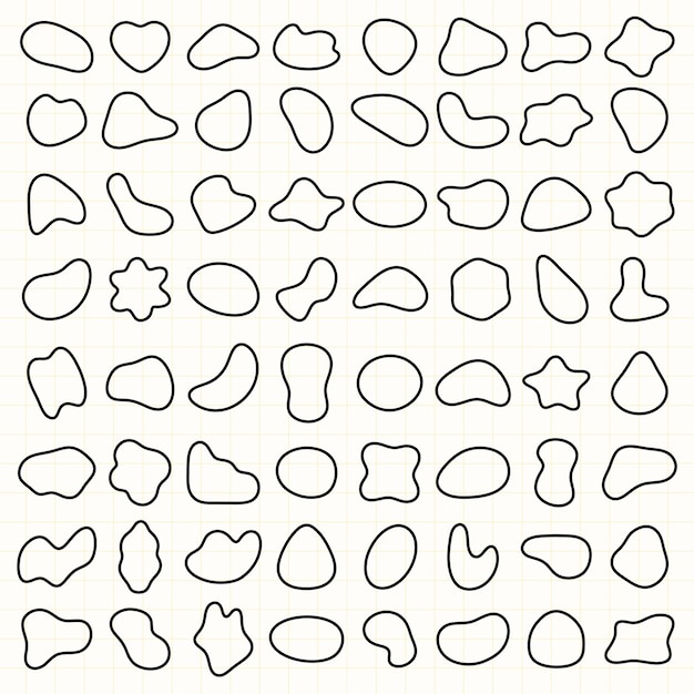 Abstract shapes pattern with black outlines on a grid background Shapes vary in size and form Abstract shapes repeat creating a dynamic pattern Black shape vector set