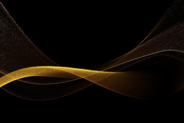 Abstract shiny wavy golden wave design element with golden glitter particles on black background