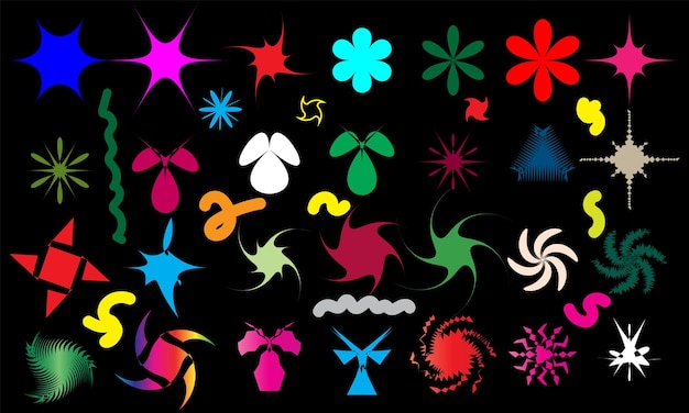 Abstract star and flower shapes sticker pack bubble star loop waves cartoon style