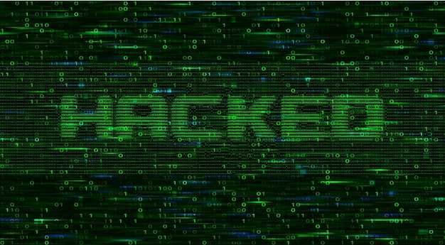 abstract technology binary code green background with title hacked