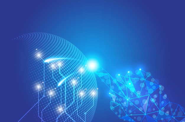 abstract technology with click hand wireframe and halftone dots blue background