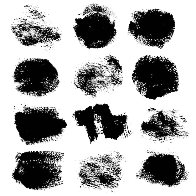 abstract textured strokes and prints thick black gouache paint isolated on a white background