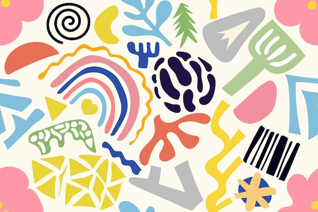 Abstract trendy vector illustration pattern Hand drawn various shapes and floral doodle object Cute and modern wallpaper fabric and packaging design Collage design elements set perfect for textile