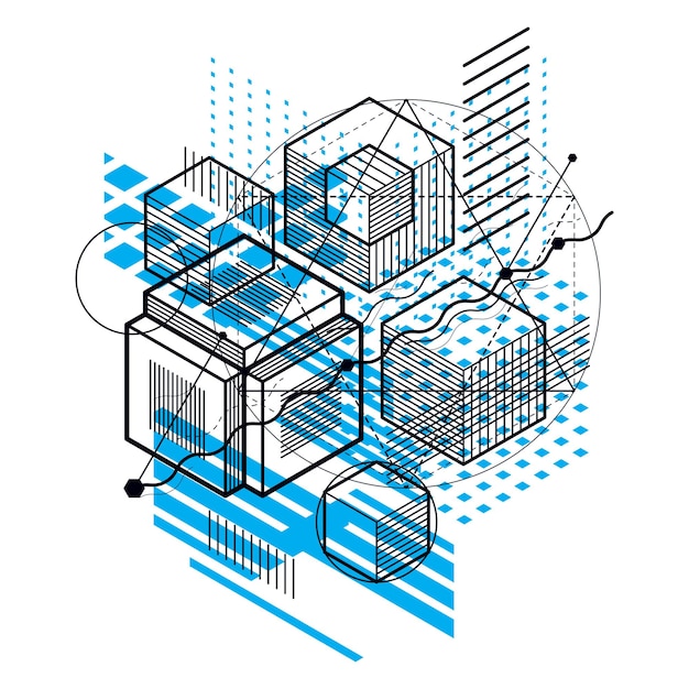 Abstract vector background with isometric lines and shapes. Cubes, hexagons, squares, rectangles and different abstract elements.