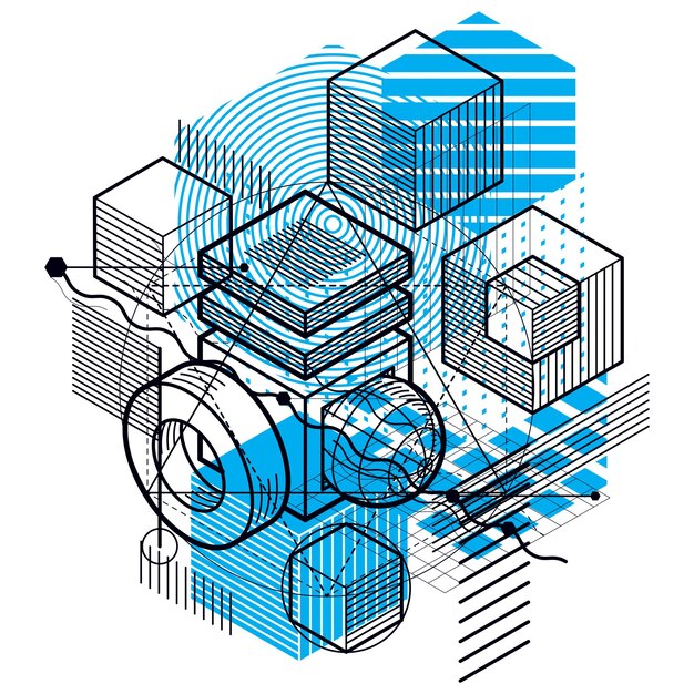 Abstract vector background with isometric lines and shapes. Cubes, hexagons, squares, rectangles and different abstract elements.