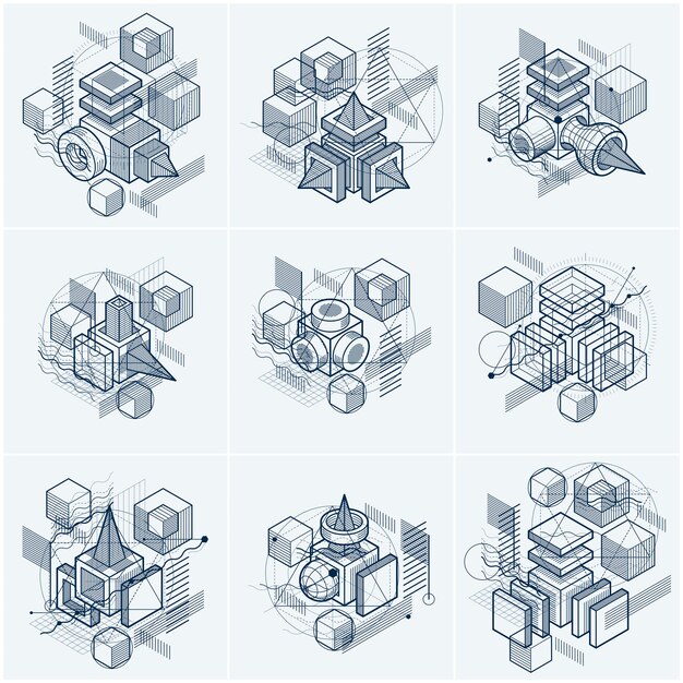 Abstract vector backgrounds with isometric lines and shapes. Cubes, hexagons, squares, rectangles and different abstract elements. Vector collection.