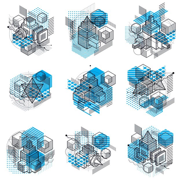 Abstract vector backgrounds with isometric lines and shapes. Cubes, hexagons, squares, rectangles and different abstract elements. Vector collection.