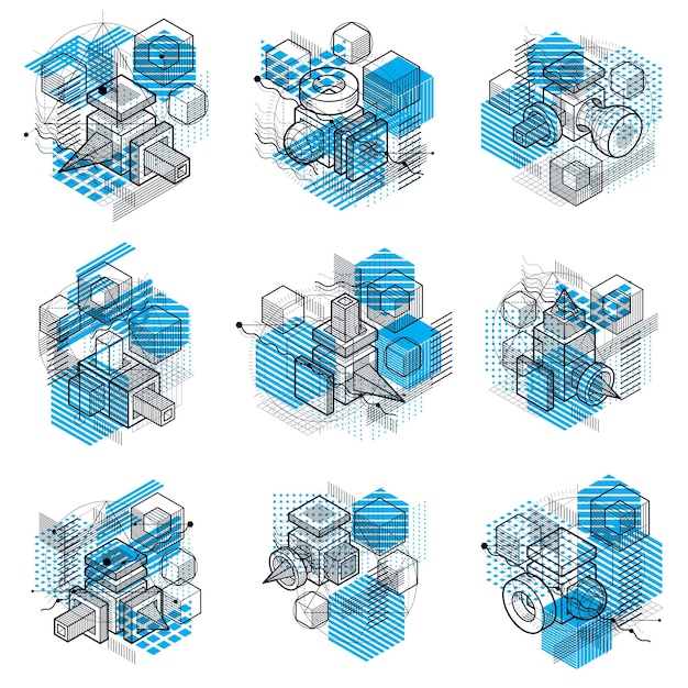 Abstract vector backgrounds with isometric lines and shapes. Cubes, hexagons, squares, rectangles and different abstract elements. Vector collection.